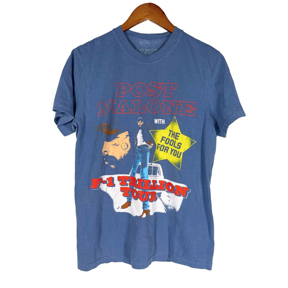 Post Malone F-1 Trillion Tour 2024 T Shirt Blue Graphic Concert Tee Small